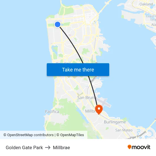 Golden Gate Park to Millbrae map