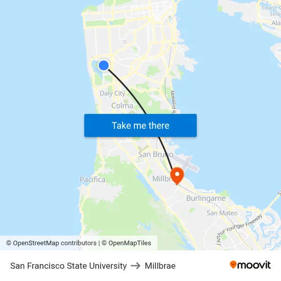 San Francisco State University to Millbrae map