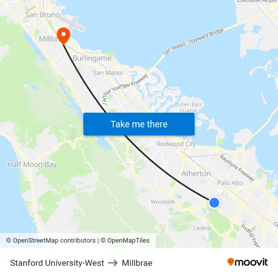 Stanford University-West to Millbrae map
