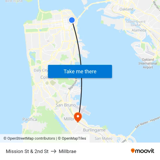 Mission St & 2nd St to Millbrae map