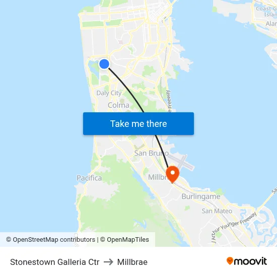 Stonestown Galleria Ctr to Millbrae map
