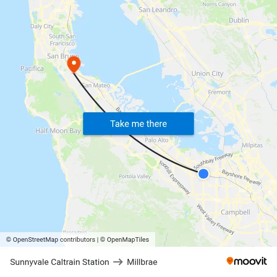 Sunnyvale Caltrain Station to Millbrae map