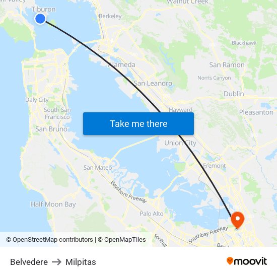 Belvedere to Milpitas map