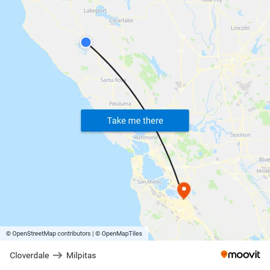 Cloverdale to Milpitas map