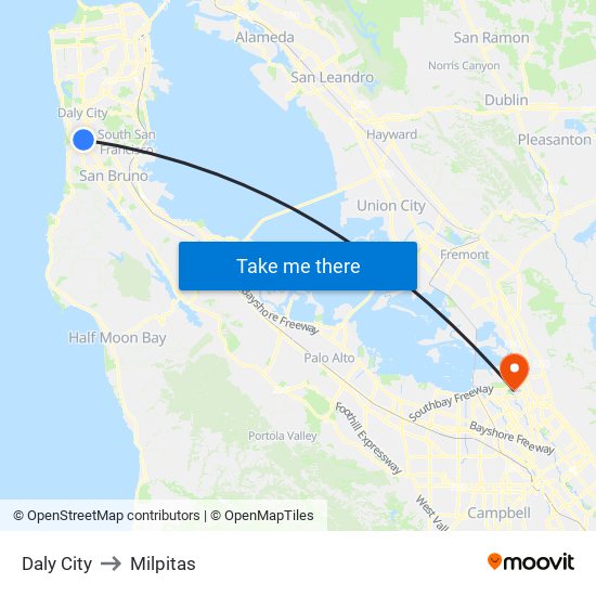 Daly City to Milpitas map