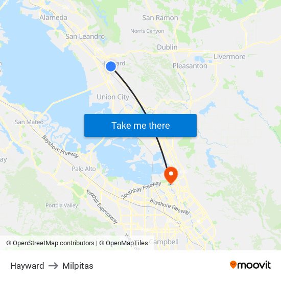 Hayward to Milpitas map