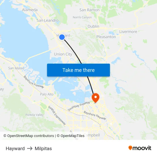 Hayward to Milpitas map
