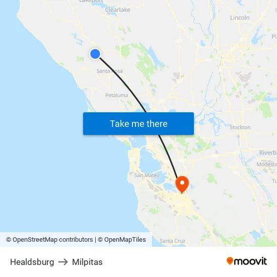 Healdsburg to Milpitas map