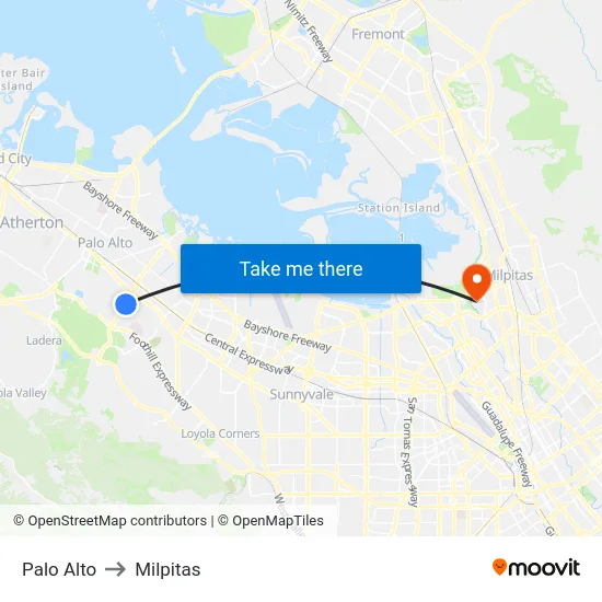 Palo Alto to Milpitas map