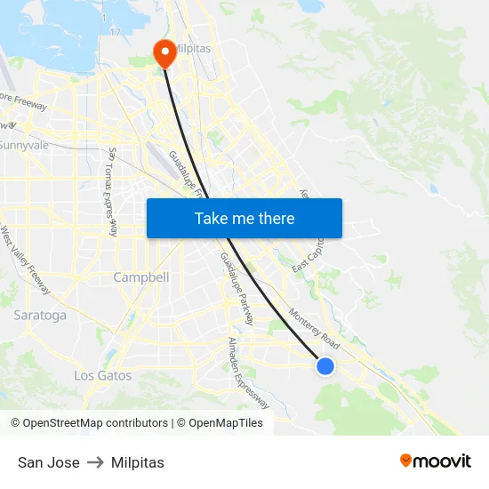 San Jose to Milpitas map