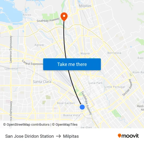 San Jose Diridon Station to Milpitas map