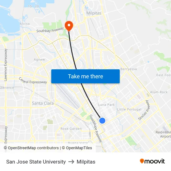 San Jose State University to Milpitas map