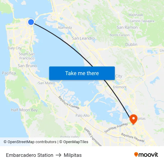 Embarcadero Station to Milpitas map