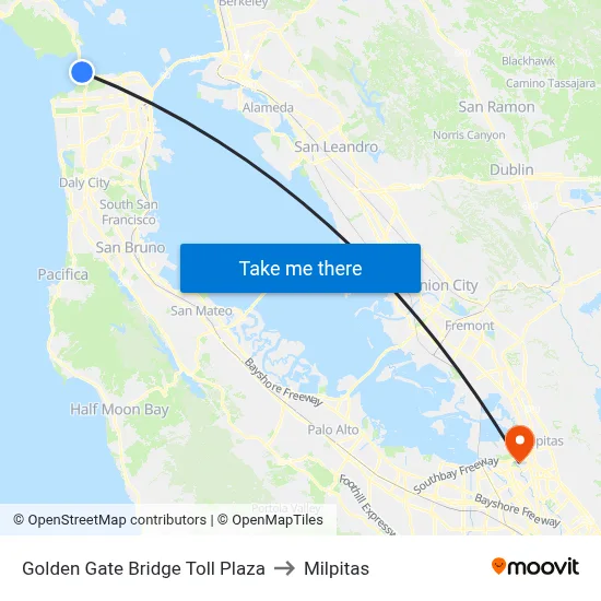 Golden Gate Bridge Toll Plaza to Milpitas map