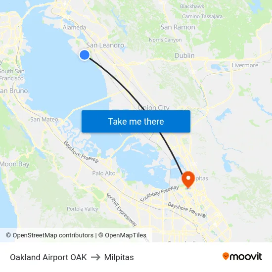 Oakland Airport OAK to Milpitas map