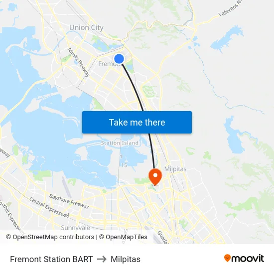 Fremont Station BART to Milpitas map