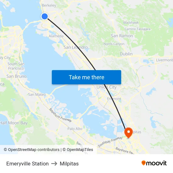 Emeryville Station to Milpitas map