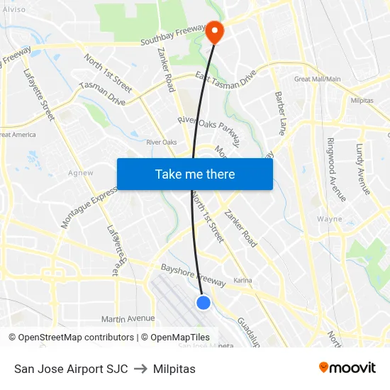 San Jose Airport SJC to Milpitas map