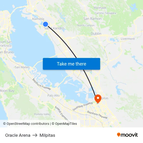 Oracle Arena to Milpitas map