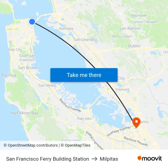 San Francisco Ferry Building Station to Milpitas map