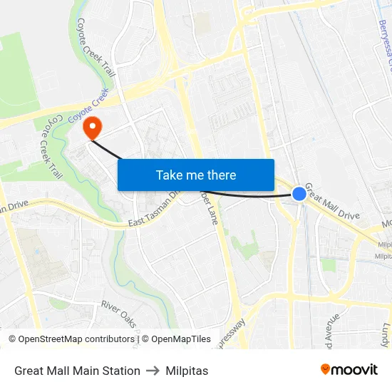 Great Mall Main Station to Milpitas map