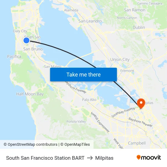 South San Francisco Station BART to Milpitas map