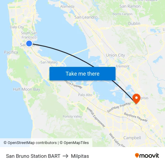 San Bruno Station BART to Milpitas map