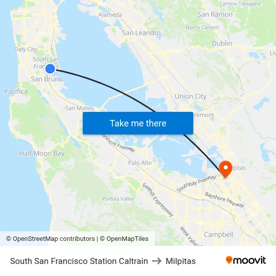 South San Francisco Station Caltrain to Milpitas map