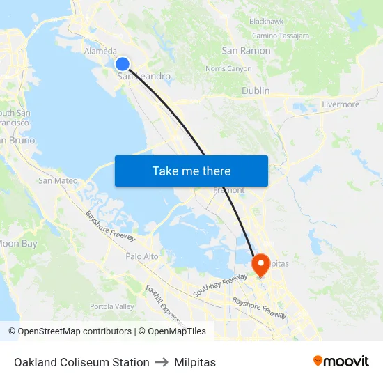 Oakland Coliseum Station to Milpitas map