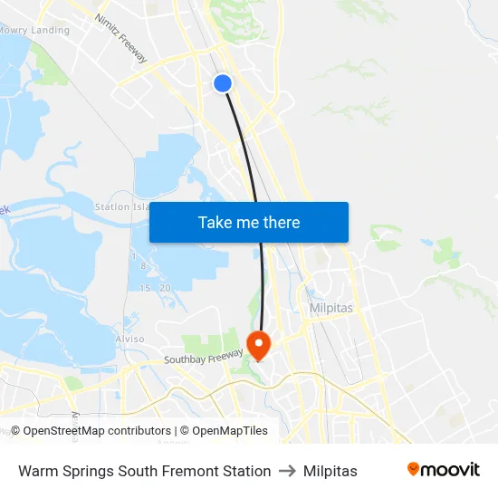 Warm Springs South Fremont Station to Milpitas map