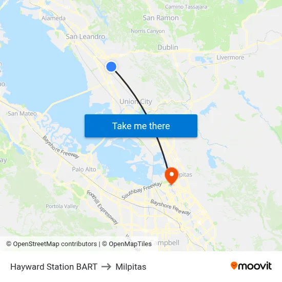 Hayward Station BART to Milpitas map