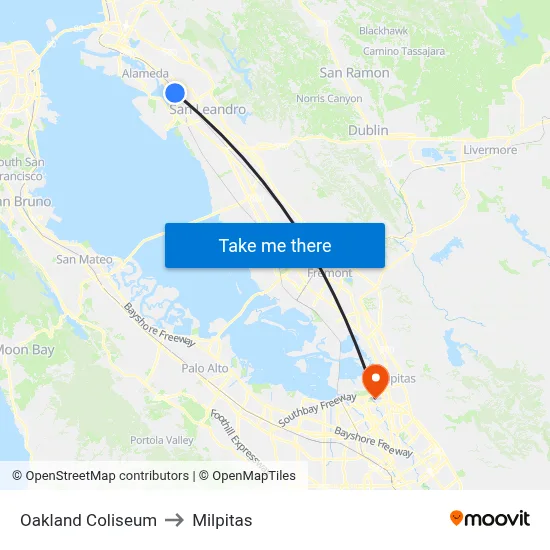 Oakland Coliseum to Milpitas map