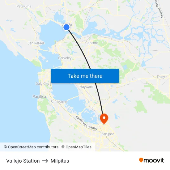Vallejo Station to Milpitas map