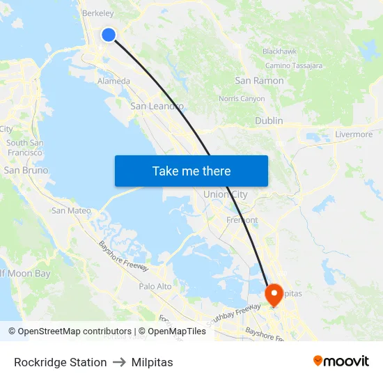 Rockridge Station to Milpitas map