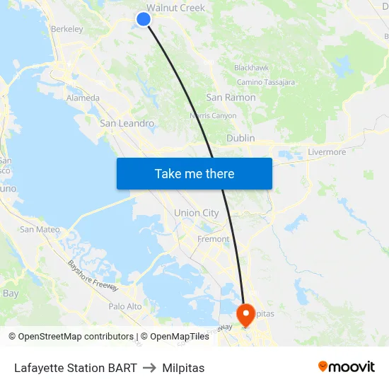 Lafayette Station BART to Milpitas map