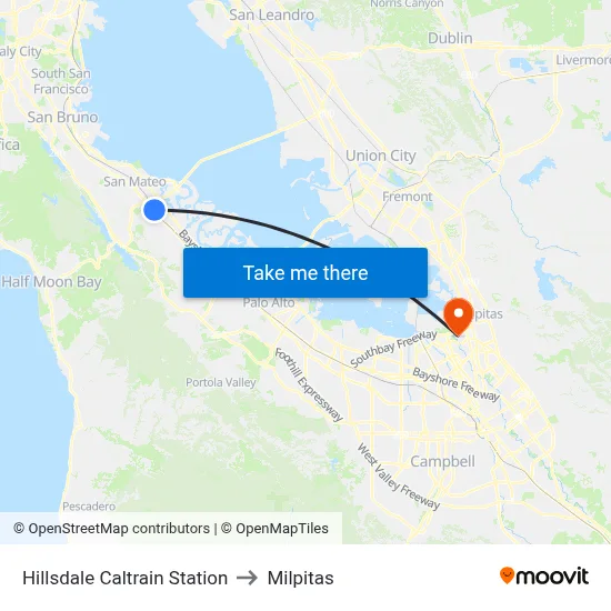 Hillsdale Caltrain Station to Milpitas map