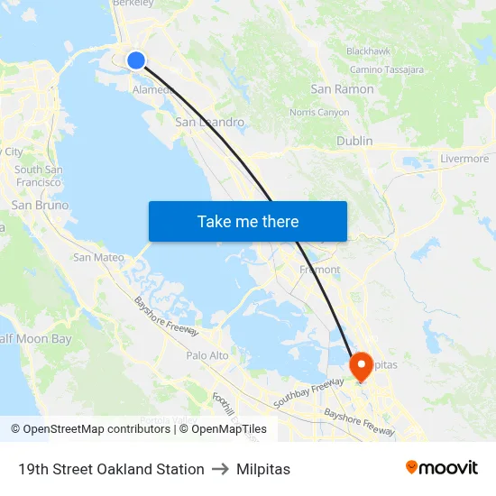 19th Street Oakland Station to Milpitas map