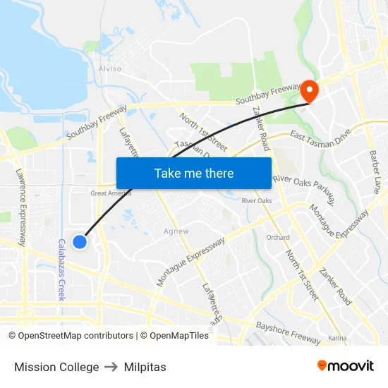 Mission College to Milpitas map