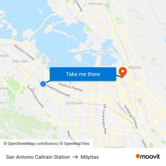 San Antonio Caltrain Station to Milpitas map