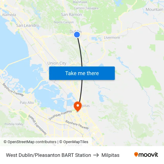West Dublin/Pleasanton BART Station to Milpitas map