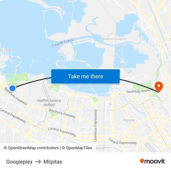 Googleplex to Milpitas map