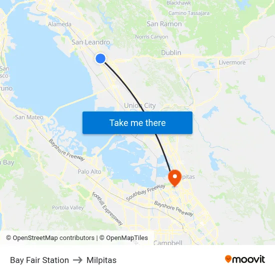 Bay Fair Station to Milpitas map