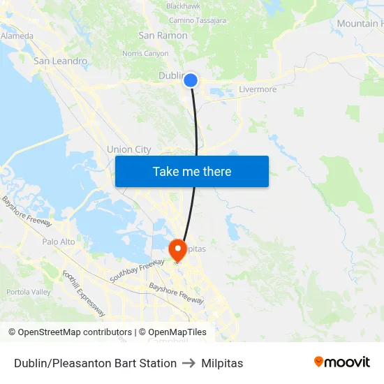 Dublin/Pleasanton Bart Station to Milpitas map