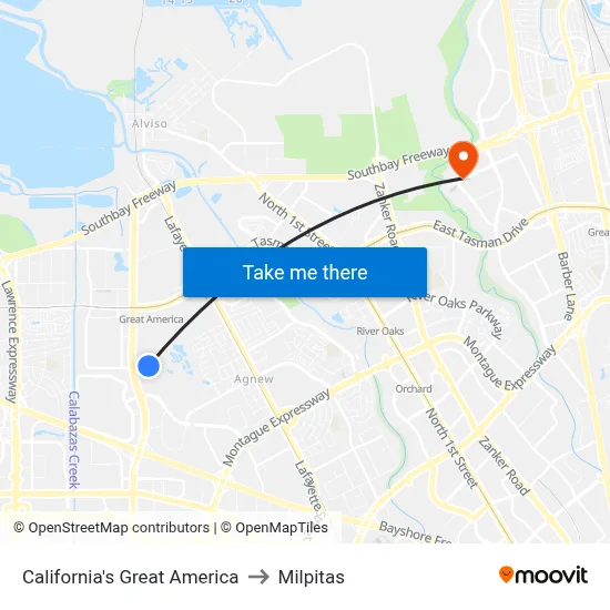 California's Great America to Milpitas map