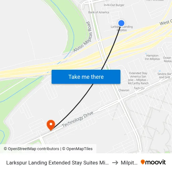 Larkspur Landing Extended Stay Suites Milpitas to Milpitas map