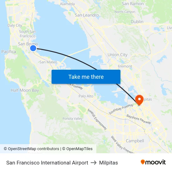 San Francisco International Airport to Milpitas map