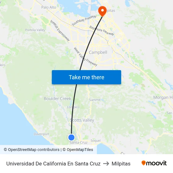 Universidad De California En Santa Cruz to Milpitas map