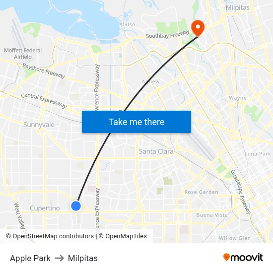 Apple Park to Milpitas map