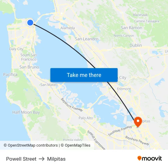 Powell Street to Milpitas map