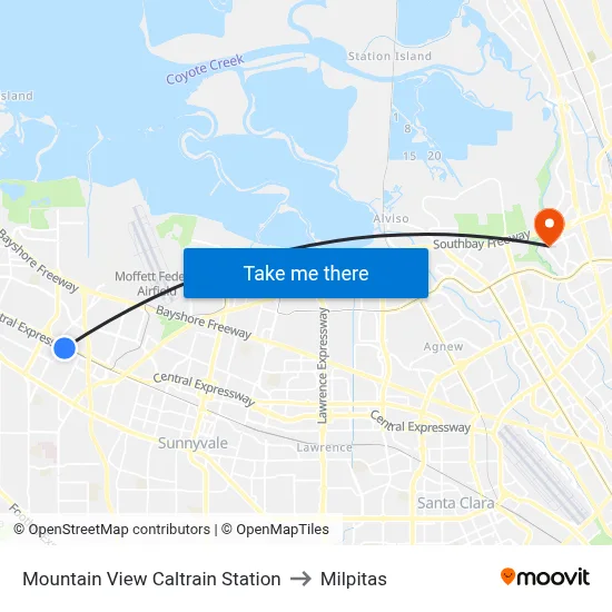 Mountain View Caltrain Station to Milpitas map